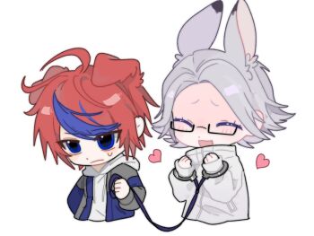 2boys ^_^ ahoge animal_ears blue_eyes blue_hair blue_jacket blush chinese_commentary closed_eyes closed_mouth commentary_request cropped_torso cuffs deformed dog_ears drawstring eyelashes grey_hair grey_jacket handcuffs hands_up heart high_collar holding holding_leash hood hood_down hoodie jacket jacket_over_hoodie leash long_sleeves male_focus multicolored_hair multicolored_jacket multiple_boys no_gloves open_clothes open_jacket open_mouth rabbit_ears raised_inner_eyebrows red_hair short_hair simple_background sleeves_past_wrists smile streaked_hair sumino_takumi sweat the_hundred_line_-last_defense_academy- tsurime two-tone_hair two-tone_jacket white_background white_hoodie white_jacket wohuifei735 yaoi