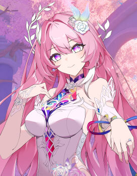 1girl absurdres bare_shoulders breasts commentary commentary_request cyrene_(honkai:_star_rail) cyrene_(ripples_of_past_reverie)_(honkai:_star_rail) diamond-shaped_pupils diamond_(shape) dress earrings english_commentary halo highres honkai:_star_rail honkai_(series) jewelry large_breasts long_hair looking_at_viewer mixed-language_commentary mka multicolored_hair pink_hair purple_eyes ring smile solo symbol-shaped_pupils two-tone_hair very_long_hair wedding_ring white_dress white_hair