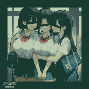 3girls :| artist_name bag black_hair black_skirt bob_cut bow breasts censored censored_identity closed_mouth collared_shirt embarrassed hair_over_shoulder high_ponytail highres hug large_breasts long_hair miniskirt multiple_girls open_mouth original parted_bangs pixel_art pleated_skirt ponytail red_bow school_bag school_uniform shirt shirt_tucked_in short_hair short_sleeves sidelocks skirt smile specialhanako white_shirt