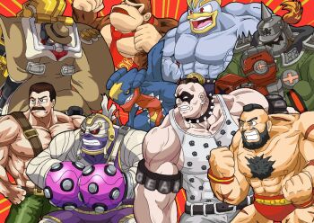 6+boys abigail_(final_fight) arms_(game) big_band black_hair brown_hair collar colored_skin crossover donkey_kong donkey_kong_(series) ear_piercing facial_hair final_fight garchomp gen_1_pokemon gen_4_pokemon giogiodedede green_pants guilty_gear guilty_gear_xrd hat machamp master_mummy_(arms) mike_haggar mohawk multiple_boys multiple_crossover muscular muscular_male mustache necktie nintendo pants piercing pokemon pokemon_(creature) pokken_tournament potemkin_(guilty_gear) purple_skin red_eyes scar simple_background skullgirls spiked_collar spikes street_fighter topless_male trait_connection zangief