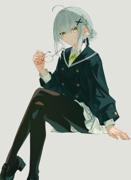 Rule 34 | 1girl, ahoge, black pantyhose, black ribbon, blazer, braid, collared shirt, frilled skirt, frills, full body, glasses, hair between eyes, hair bun, hair ornament, hair ribbon, hairclip, half updo, highres, holding, holding removed eyewear, jacket, loafers, looking at viewer, nagishiro mito, original, pantyhose, pleated skirt, ribbon, round eyewear, sailor collar, shirt, shoes, sidelocks, simple background, skirt, solo, unworn eyewear, white background, white shirt