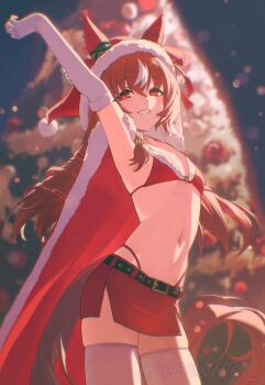 1girl absurdres animal_ears armpits arms_up belt bikini blurry blurry_background breasts brown_hair cape christmas commentary_request detached_sleeves hair_ornament hat highres horse_ears horse_girl horse_tail miniskirt navel red_eyes santa_hat skirt small_breasts solo still_in_love_(umamusume) swimsuit tail tenkisei thighhighs twitter_username umamusume