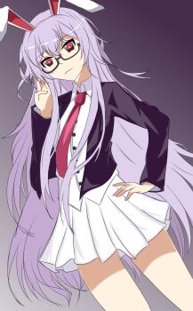 1girl absurdres adjusting_eyewear animal_ears bespectacled black-framed_eyewear black_jacket blazer buttons closed_mouth collared_shirt commentary glasses hand_on_own_hip highres jacket long_hair long_sleeves looking_at_viewer necktie pleated_skirt purple_hair rabbit_ears rabbit_girl red_eyes red_necktie reisen_udongein_inaba shirt skirt standing touhou user_hyas3382 very_long_hair white_shirt white_skirt