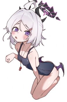 1girl absurdres ahoge alternate_hair_length alternate_hairstyle bare_arms black_halo black_horns black_one-piece_swimsuit blue_archive blush breasts from_above full_body grey_hair halo hand_up highres hina_(blue_archive) hina_(swimsuit)_(blue_archive) horns loli looking_at_viewer low_wings multiple_horns one-piece_swimsuit open_mouth purple_eyes seiza short_hair simple_background sitting small_breasts solo swimsuit whistle whistle_around_neck white_background wings yungun_(dbsrjsdn0330)