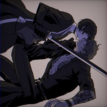 2boys ajajasta arm_tattoo belt blade_lineage_(identity)_(project_moon) bracelet clothes_grab coat gloves heathcliff_(project_moon) highres holding holding_sword holding_weapon jewelry kiss kurokumo_clan_(identity)_(project_moon) limbus_company looking_at_another lying multiple_boys on_back open_clothes open_shirt pants project_moon scar scar_on_face shirt_grab simple_background sword tattoo weapon wide-eyed yaoi yi_sang_(project_moon)
