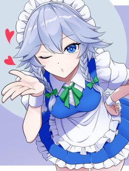 1girl apron blowing_kiss blue_eyes bow braid breasts collared_dress commentary_request dress duplicate frilled_apron frilled_dress frills green_bow green_ribbon grey_hair hair_bow hand_on_own_hip heart highres izayoi_sakuya kisaragi_koushi leaning_forward maid maid_apron maid_headdress multiple_hair_bows one_eye_closed pixel-perfect_duplicate ribbon short_hair solo touhou twin_braids waist_apron white_wrist_cuffs wrist_cuffs
