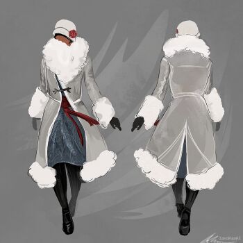 Rule 34 | 1girl, artist name, black gloves, black hair, boots, bracelet, brown coat, coat, dark-skinned female, dark skin, denim, english text, faceless, flower, fur bracelet, fur collar, gloves, grey background, hair flower, hair ornament, hat, jeans, jewelry, multiple views, original, pants, reference sheet, signature, simple background, trench coat, waistband, zandra