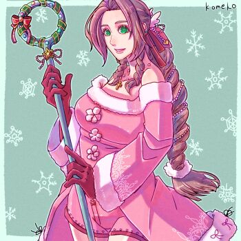 Rule 34 | 1girl, aerith gainsborough, alternate costume, artist name, bare shoulders, braid, braided ponytail, breasts, commentary request, cowboy shot, cross, cross necklace, dress, final fantasy, final fantasy vii, fur-trimmed dress, fur trim, gloves, green background, green eyes, high-low dress, highres, holding, holding staff, jewelry, komeko (strikek-lvvjm27), medium breasts, necklace, off-shoulder dress, off shoulder, parted bangs, parted lips, pink dress, red gloves, sidelocks, single braid, smile, snowflakes, solo, staff, winter clothes