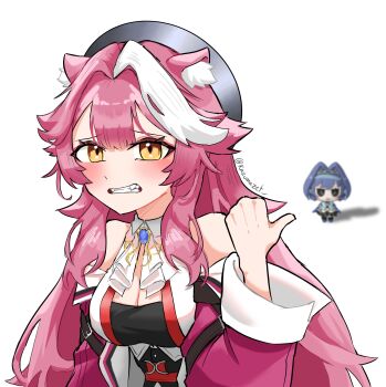 absurdres animal_ear_fluff animal_ears blue_hair breasts chibi cleavage fangs frown hair_intakes highres hololive hololive_english jacket kazumazet large_breasts long_hair long_sleeves multicolored_hair panther_ears panther_girl pink_hair pink_jacket pointing pointing_at_another raora_panthera raora_panthera_(1st_costume) sidelocks simple_background upper_body virtual_youtuber white_background white_hair yellow_eyes