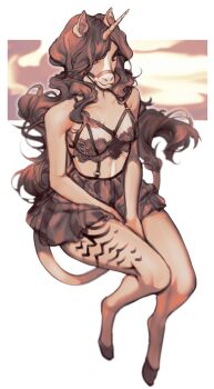 1girl absurdres animal_ears bra breasts brown_skirt commentary english_commentary full_body highres hooves horns horse_ears invisible_chair long_hair looking_at_viewer medium_breasts original pita-potato single_horn sitting skirt smile solo tail underwear unicorn_girl unicorn_horn