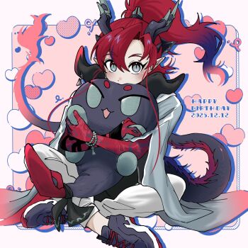 Rule 34 | 1boy, arknights, bead bracelet, beads, black shoes, blue hair, bracelet, colored extremities, commentary, dated, dragon boy, dragon bubble (arknights), dragon horns, dragon tail, full body, gradient hair, grey eyes, grey shirt, happy birthday, heart, highres, holding, holding stuffed toy, horns, indian style, jewelry, long hair, long sleeves, male focus, multicolored hair, pants, pink background, pointy ears, ponytail, red hair, red hands, samedouraku3, shirt, shoes, simple background, sitting, solo, stuffed animal, stuffed toy, symbol-only commentary, tail, white pants, wide sleeves, yu (arknights)