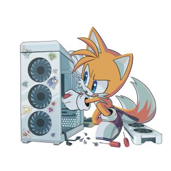 1boy absurdres blue_eyes chao_(sonic) computer furry furry_male gloves graphics_card highres holding holding_screwdriver looking_over_eyewear neutral_chao on_one_knee screw screwdriver shoes simple_background solo sonic_(series) sonic_the_hedgehog stars_kii sticker tails_(sonic) tongue tongue_out white_background white_gloves