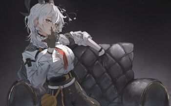 1girl armband black_armband black_gloves black_horns black_pants breasts button_gap cigarette commentary couch curled_horns earrings gloves grey_hair highres horns jewelry key_earrings kuroisen large_breasts long_hair looking_at_viewer mole mole_under_eye necktie on_couch pants red_eyes red_necktie shirt shirt_tucked_in sitting smoking solo white_shirt wuthering_waves zani_(wuthering_waves)