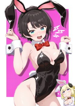 2girls absurdres alternate_costume bare_shoulders black_hair black_leotard black_nails blue_eyes blush bow bowtie breasts cleavage commentary_request contrapposto covered_navel curio_(curiofinity) detached_collar fake_tail gluteal_fold grin hands_up highres hololive leotard looking_at_another looking_at_viewer medium_breasts multiple_girls nail_polish oozora_subaru open_mouth playboy_bunny rabbit_tail red_bow red_bowtie short_hair smile solo_focus strapless strapless_leotard swept_bangs tail tearing_up traditional_bowtie tsunomaki_watame virtual_youtuber white_leotard wrist_cuffs