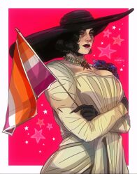 1girl 666chevy alcina_dimitrescu black_flower black_hair black_rose breasts cleavage corsage dress earrings flower gloves hat highres jewelry lesbian_flag looking_at_viewer mature_female necklace pale_skin red_lips resident_evil resident_evil_village rose short_hair solo sun_hat tall_female white_dress