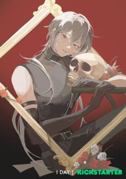 1boy a_date_with_death absurdres black_gloves black_shirt casper_(a_date_with_death) countdown elbow_gloves flower foot_out_of_frame gloves hair_over_shoulder head_tilt highres jellyfish_cut looking_at_viewer male_focus official_art painterly parted_lips portrait_(object) promotional_art red_eyes red_flower red_rose rose shirt sitting skull sleeveless sleeveless_shirt solo table through_medium white_flower white_hair white_rose