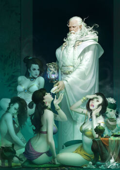 1boy 5girls absurdres animal applying_makeup arm_at_side arm_support armlet arms_up bags_under_eyes bare_shoulders barefoot bdsm bead_necklace beads beard bikini bikini_skirt black_eyes black_hair bracelet breasts incense_burner chalice chinese_clothes chinese_commentary cleavage cleavage_cutout closed_eyes clothing_cutout collar commentary cup cushion dated deer drinking dudou elbow_rest elbows_on_table english_commentary facial_hair feeding feihong_chen forked_tongue furrowed_brow glowing hair_bun hair_over_one_eye half_updo hand_mirror hand_up harem highres holding holding_cup hood hood_down indoors jewelry large_breasts liquid lock logo long_beard long_eyebrows long_sleeves long_tongue looking_at_another looking_at_mirror looking_at_viewer looking_to_the_side makeup_brush mirror mixed-language_commentary monster_girl multiple_girls navel necklace old old_man on_floor one_eye_covered open_mouth original own_hands_together padlock padlocked_collar petals pillow pouring profile purple_bikini robe sanpaku scales shading_eyes signature single_hair_bun sitting slave smile smoke snake standing strap_gap strap_slip strapless strapless_bikini swimsuit table tablecloth tongue tongue_out white_hair white_robe wide_sleeves wooden_table yellow_bikini yokozuwari