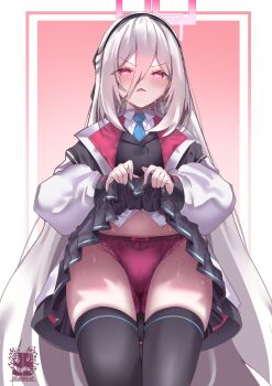 1girl absurdres artist_name black_hairband black_jacket black_skirt black_thighhighs blazer blue_archive blue_necktie blush bow bow_panties cameltoe clothes_lift commentary_request double-parted_bangs gluteal_fold hair_between_eyes hairband half_updo halo highres jacket kei_(blue_archive) kei_(new_body)_(blue_archive) long_hair long_hair_between_eyes long_sleeves looking_at_viewer necktie nervous_sweating panties pleated_skirt red_panties seabread shirt skirt skirt_lift solo sweat thighhighs triangle_mouth underwear v-shaped_eyebrows very_long_hair white_hair white_jacket white_shirt