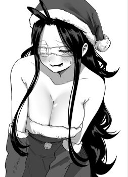 1girl blush breasts christmas cleavage commentary_request eyepatch hat highres large_breasts looking_at_viewer monochrome santa_hat simple_background tiger_tiger_8 white_background