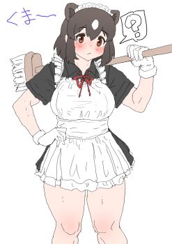 Rule 34 | 1girl, ?, absurdres, alternate costume, apron, black dress, blush, bow, bowtie, broom, brown bear (kemono friends), brown eyes, brown hair, collared dress, commentary request, cowboy shot, dress, enmaided, extra ears, frilled apron, frills, gloves, hair between eyes, highres, kemono friends, kumasyan1998, looking at viewer, maid, maid apron, maid headdress, red bow, red bowtie, short dress, short hair, short sleeves, sidelocks, solo, spoken question mark, white apron, white gloves, white hair