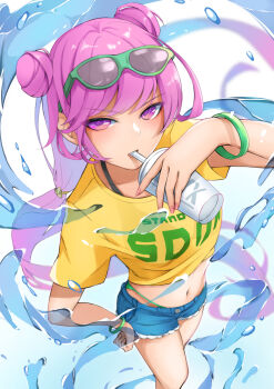 Rule 34 | 1girl, bemani, black bra, bra, denim, denim shorts, glasses, grace (sound voltex), green panties, highres, motsu (kirabeatkila), panties, pink eyes, pink hair, see-through clothes, shirt, shorts, sound voltex, underwear, yellow shirt, yumebuki