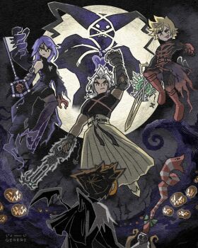 >:) 1girl 3boys anti-aqua_(kingdom_hearts) aqua_(kingdom_hearts) arm_up armor bat_wings black_bodysuit black_cape black_corset black_shirt black_sky black_wings blonde_hair blue_hair bodysuit boots brown_hair cape commentary corset dark_figure_(kingdom_hearts) dark_persona detached_sleeves english_commentary evil_smile facing_away floating full_moon george_kh20th gloves grey_hair hakama hakama_pants halloween highres holding holding_weapon jack-o'-lantern japanese_clothes keyblade kingdom_hearts kingdom_hearts_ii kingdom_hearts_iii knee_boots leg_up long_hair looking_at_another looking_down mask mask_on_head moon multiple_boys night official_alternate_costume open_mouth outdoors pants pauldrons red_boots red_gloves serious shirt short_hair short_sleeves shoulder_armor signature single_pauldron sky sleeveless sleeveless_shirt smile sora_(halloween_town)_(kingdom_hearts) sora_(kingdom_hearts) spiked_hair terra-xehanort torn_clothes v-shaped_eyebrows ventus-vanitas waist_cape weapon wings x-blade xehanort_(kingdom_hearts) yellow_eyes