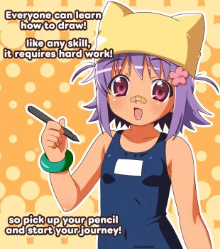 1girl 2000s_(style) animal_hat bandaid bandaid_on_face bk_(barakoodra) breasts cat_hat dark-skinned_female dark_skin english_text fang faux_retro_artstyle flower hair_flower hair_ornament hat highres holding holding_stylus open_mouth original pink_eyes purple_hair school_swimsuit small_breasts smile solo stylus swimsuit two_side_up