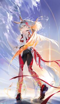 1girl absurdres animal_ears ass back bare_shoulders blue_sky breasts chap_sal_! chinese_zodiac clothing_cutout commentary crop_top dated_commentary elbow_gloves floating_hair from_behind from_below full_body gloves hair_between_eyes highres horse_ears horse_girl horse_tail large_breasts legs long_hair looking_at_viewer looking_back multicolored_hair orange_hair original pantyhose parted_lips purple_eyes red_pantyhose red_shoes see-through_clothes shoes sideboob sky solo standing sunset tail thigh_cutout thighs two-tone_pantyhose very_long_hair white_gloves white_hair year_of_the_horse