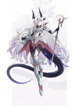 1girl absurdres alternate_costume arknights armor armored_boots armored_dress artist_name black_gloves black_horns black_pantyhose black_tail boots chinese_commentary commentary_request dress floating full_body gloves green_eyes hair_over_one_eye highres holding holding_shield holding_sword holding_weapon horns jiuyu_qame light_particles long_hair looking_at_viewer monster_hunter_(series) multicolored_hair necrass_(arknights) one_eye_covered pantyhose pink_dress pink_hair purple_tail shield smile solo streaked_hair sword tail thigh_boots vambraces very_long_hair weapon white_boots white_dress white_hair zoom_layer