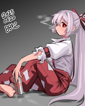 1girl absurdres arm_belt arm_on_knee barefoot bow bright_pupils can cigarette collared_shirt dated drink drink_can fujiwara_no_mokou gradient_background grey_hair hair_bow highres holding holding_drink long_hair neophyte on_floor pants ponytail red_bow red_eyes red_pants red_suspenders shirt smoke smoke_trail smoking solo suspenders torn_clothes touhou very_long_hair white_bow white_pupils white_shirt