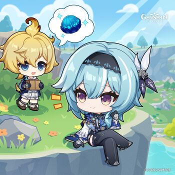 1boy 1girl absurdres ahoge blonde_hair blue_eyes blue_hair boots box brown_boots chibi closed_mouth cloud commentary copyright_name crossed_legs day dot_nose english_commentary eula_(genshin_impact) flower genshin_impact gift gift_box gloves hair_between_eyes hair_ornament hairband hand_up high_heel_boots high_heels highres holding holding_gift light_smile long_hair long_sleeves mika_(genshin_impact) official_art open_mouth orange_flower outdoors puffy_long_sleeves puffy_sleeves shorts sitting smile speech_bubble spoken_object standing thigh_boots tree vision_(genshin_impact) water yellow_flower