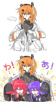 ... 3girls a.i._voice adachi_rei ahoge black_shirt drill_hair gloves hair_ribbon hand_up headlamp headset highres jacket kasane_teto kasane_teto_(utau) long_hair long_sleeves medium_hair multiple_girls multiple_views one_side_up open_mouth opened_by_self orange_eyes orange_hair pealerprpr purple_hair radio_antenna red_hair ribbon sequential shared_clothes shared_jacket shirt simple_background sleeves_past_fingers sleeves_past_wrists smile spoken_ellipsis tsukumo_shion twin_drills utau white_gloves white_jacket white_ribbon