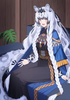 1girl absurdres animal_ear_fluff animal_ears arknights black_dress black_ribbon blue_cloak braid cloak commentary couch dress english_commentary grey_eyes hair_ribbon highres jewelry kimsuwan2013 long_dress long_hair long_sleeves looking_at_viewer necklace on_couch open_mouth pramanix_(arknights) pramanix_the_prerita_(arknights) ribbon sitting smile snow_leopard_ears snow_leopard_girl snow_leopard_tail solo tail tassel tiara twin_braids very_long_hair white_hair