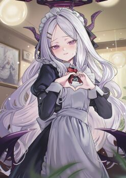 1girl alternate_costume apron ariko_(aaaaarik) black_dress black_halo blue_archive blush closed_mouth commentary dress enmaided frilled_hairband frills hairband halo hands_up heart heart_hands highres hina_(blue_archive) horns long_hair long_sleeves looking_at_viewer low_wings maid maid_headdress multiple_horns picture_frame puffy_long_sleeves puffy_sleeves purple_eyes small_sweatdrop solo very_long_hair white_apron white_hair white_hairband wings