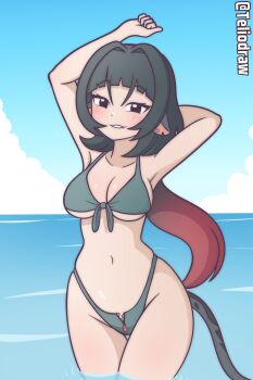 1girl absurdres bikini blue_sky breasts female_focus highres jane_doe_(zenless_zone_zero) looking_at_viewer sky solo swimsuit tagme teliodraw water zenless_zone_zero