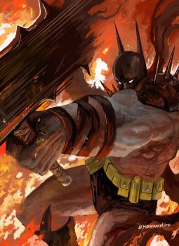 absolute_batman absolute_dc axe back_spikes bat_mask batman batman_(series) batman_symbol battle_axe belt bodysuit commentary cowl dc_comics english_commentary grey_bodysuit highres holding holding_axe multicolored_bodysuit muscular muscular_male superhero_costume two-tone_bodysuit utility_belt weapon yanmanxplore