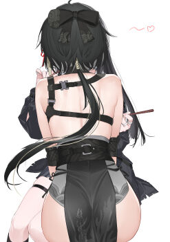 2girls ass back bare_shoulders black_bow black_hair bow chisa_(wuthering_waves) commentary elbow_pads female_rover_(wuthering_waves) food hair_bow hair_ribbon heart highres holding holding_food holding_pocky invisible_chair isokaze12 leaning_forward long_hair low_ponytail median_furrow multiple_girls pocky ponytail red_ribbon ribbon rover_(wuthering_waves) shoulder_blades simple_background sitting white_background wuthering_waves yuri