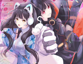 1girl animal_ear_headphones animal_ears asakura_karen_(heaven_burns_red) back-to-back black_hair cat_ear_headphones cat_ears commentary_request dual_persona fake_animal_ears headphones heaven_burns_red highres hood hoodie inori_flower18 low_twintails red_eyes twintails yellow_eyes