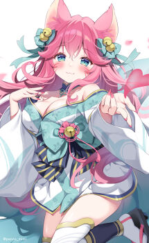 Rule 34 | 1girl, :3, ahri (league of legends), animal ear fluff, bare shoulders, bell, black sandals, blue bow, blush, bow, breasts, cleavage, closed mouth, commentary request, facial mark, fingernails, geta, green eyes, hair bell, hair between eyes, hair bow, hair ornament, heart, japanese clothes, jingle bell, kimono, large breasts, league of legends, long fingernails, long hair, long sleeves, looking at viewer, nail polish, off shoulder, pan (mimi), pink hair, pink nails, sandals, sharp fingernails, solo, spirit blossom ahri, twitter username, very long hair, whisker markings, white background, white kimono, wide sleeves