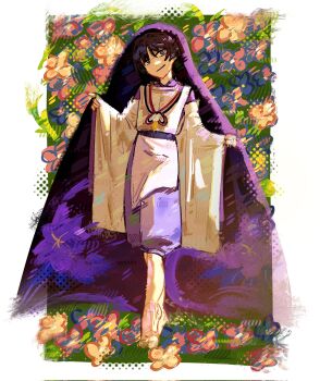 1boy barefoot black_hair blunt_ends border closed_mouth clothing_cutout doll_joints ebony_x eyeliner eyeshadow feathers floral_background flower full_body furisode genshin_impact hair_intakes hands_up head_tilt highres japanese_clothes joints kariginu kimono layered_sleeves long_sleeves looking_at_viewer makeup male_focus pants pelvic_curtain pink_flower pom_pom_(clothes) purple_eyes purple_kimono purple_pants purple_sleeves purple_veil red_eyeliner red_eyeshadow scaramouche_(genshin_impact) scaramouche_(kabukimono)_(genshin_impact) shoulder_cutout smile solo string veil white_border white_sleeves wide_sleeves wispy_bangs yellow_feathers