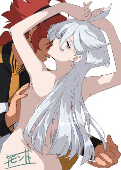 2girls arms_up asticassia_school_uniform black_hairband breasts clothed_female_nude_female commentary_request grabbing_another&#039;s_breast grey_eyes groping gundam gundam_suisei_no_majo hairband highres jacket long_hair miorine_rembran monto_(user_dmde2437) multiple_girls nude parted_lips ponytail red_hair school_uniform simple_background small_breasts suletta_mercury white_background white_hair white_jacket yuri