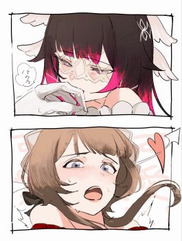 2girls absurdres arrow_through_heart bare_shoulders biting biting_finger black_hair blue_eyes blush brown_hair columbina_(genshin_impact) commentary_request genshin_impact gloves heart highres multiple_girls open_mouth pink_streaks purple_eyes sa_3987 sandrone_(genshin_impact) speech_bubble sweat white_gloves yuri