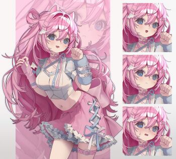 Rule 34 | 0 o s k, 1girl, :<, :d, arm warmers, belt, blue eyes, blush, breasts, choker, cleavage, closed mouth, commentary, commission, cowboy shot, crop top, cropped shirt, double-parted bangs, fang, frilled skirt, frills, hair between eyes, hair ornament, hairclip, hands up, highres, horns, large breasts, long hair, looking at viewer, midriff, multiple views, navel, open mouth, original, pink background, pink choker, pink hair, pink horns, pink skirt, ribbon choker, shirt, short sleeves, skirt, smile, sweatdrop, thigh belt, thigh strap, white shirt, wing hair ornament, x hair ornament, zoom layer