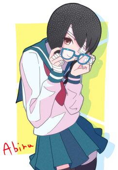 1girl bandaged_arm bandaged_fingers bandaged_head bandages black_hair black_thighhighs blue-framed_eyewear blue_sailor_collar blue_skirt border braid brown_eyes character_name closed_mouth commentary cowboy_shot drop_shadow gauze gauze_over_eye glasses hair_over_shoulder highres holding holding_removed_eyewear kaki111222 kobushi_abiru long_hair long_sleeves looking_at_viewer neckerchief outside_border red_neckerchief sailor_collar sailor_shirt sayonara_zetsubou_sensei school_uniform serafuku shirt skirt smile solo thighhighs twin_braids unworn_eyewear white_border white_shirt yellow_background