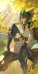 Rule 34 | 1boy, absurdres, antenna hair, arm tattoo, armor, autumn, bead necklace, beads, belt, boots, bridge, brown footwear, cape, detached sleeves, eyeshadow, falling leaves, floating clothes, flower, forehead jewel, gauntlets, genshin impact, gold trim, green hair, green pants, hair between eyes, hand on own thigh, highres, holding, holding flower, jewelry, knee boots, knee up, leaf, lily (flower), looking at viewer, makeup, multicolored hair, necklace, pants, parted bangs, pelvic curtain, purple belt, purple cape, red eyeshadow, shirt, short hair with long locks, shoulder armor, single detached sleeve, sitting, sitting on branch, sleeveless, sleeveless shirt, slit pupils, smile, streaked hair, sunlight, sunset, tassel, tattoo, thighlet, tree, white flower, white shirt, wide sleeves, xiao (genshin impact), yellow eyes, zhishuixy