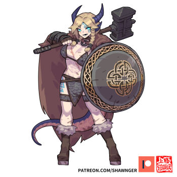Rule 34 | 1girl, abs, bare shoulders, blonde hair, blue eyes, braid, breasts, cloak, commentary, english commentary, full body, highres, holding, holding weapon, horns, large breasts, legband, monster girl, original, shawn ger lin, shield, simple background, solo, tail, twin braids, weapon