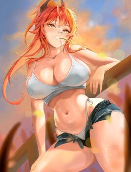 1girl absurdres antenna_hair arm_rest armpit_crease bandaid bandaid_on_face bandaid_on_nose bare_arms bare_shoulders bbonk64 black_horns blue_shorts blue_sky blurry blurry_foreground blush breasts camisole cleavage cloud collarbone commentary cowboy_shot crop_top denim denim_shorts evening fang fence from_below goddess_of_victory:_nikke grin hand_on_own_thigh hand_up high_ponytail highleg highleg_panties highres horns large_breasts long_hair looking_at_viewer mechanical_horns micro_shorts mouth_hold navel official_alternate_costume official_alternate_hairstyle open_clothes open_fly open_shorts orange_hair panties parted_lips ponytail red_hood_(nikke) red_hood_(retro_days)_(nikke) ribbed_camisole shorts side-tie_panties sidelocks sky smile solo spaghetti_strap stalk_in_mouth standing stomach string_panties sweat underwear white_camisole white_panties wooden_fence yellow_eyes