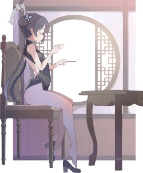 1girl absurdres arched_back architecture back_cutout backless_dress backless_outfit bare_legs blue_archive braid braided_bun breasts butterfly_hair_ornament chair china_dress chinese_clothes closed_eyes closed_mouth clothing_cutout cup day double_bun dragon_print dress drinking_glass east_asian_architecture feet flat_chest from_side full_body hair_bun hair_ornament halo high_heels highres holding holding_cup indoors kisaki_(blue_archive) knees lattice light_smile loli low_twintails no_panties pelvic_curtain s10021 shoes single_shoe sitting sleeveless sleeveless_dress small_breasts smile table thighs toes twintails white_background window