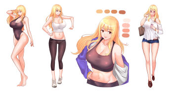 1girl absurdres bag bare_shoulders barefoot black_sports_bra blonde_hair breasts brown_eyes brown_footwear cellphone cleavage competition_swimsuit covered_navel crop_top denim denim_shorts etidekailo full_body hand_on_own_hip handbag highres holding holding_phone huge_breasts jacket jewelry large_breasts leggings long_hair looking_at_viewer midriff multiple_views navel off_shoulder one-piece_swimsuit pants phone red_eyes reference_sheet shirt shoes short_shorts shorts simple_background smartphone smile sneakers sports_bra swimsuit tank_top white_background white_footwear white_shirt yoga_pants