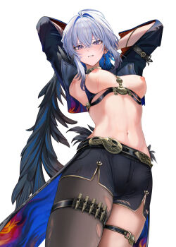 1girl armpits arms_behind_head arms_up black_jacket black_pantyhose black_shorts blue_bra blue_hair blush bra breasts colored_inner_hair commentary cropped_jacket earrings galbrena_(wuthering_waves) grey_hair hair_between_eyes hair_intakes jacket jewelry looking_at_viewer medium_breasts medium_hair multicolored_hair navel nipples paid_reward_available pantyhose parted_lips purple_eyes ru_zhai shorts simple_background single_leg_pantyhose skindentation smile solo stomach sweat symbol-only_commentary thighlet thighs torn_clothes torn_pantyhose underwear white_background wuthering_waves